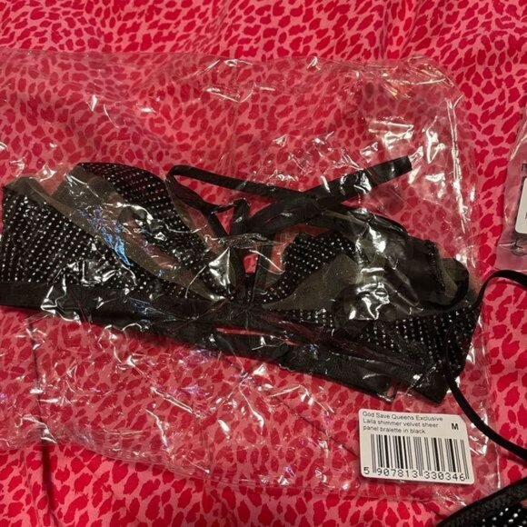 NWT God Save Queens Exclusive Laila Shimmer Velvet Sheer Panel Bralette in Black - Picture 8 of 12